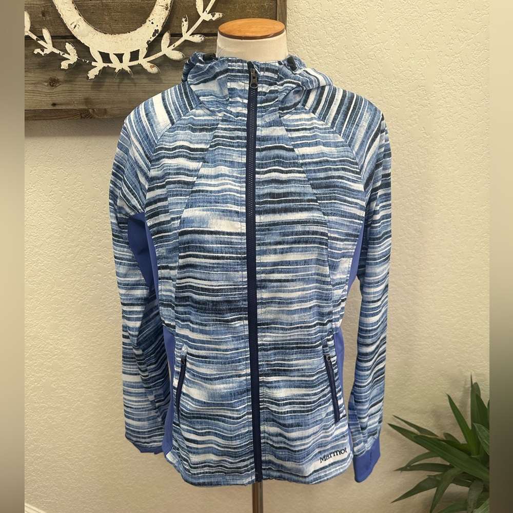 Marmot Blue Stripe Full-Zip Hooded Rain Jacket ladies M